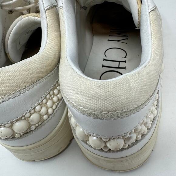 Jimmy Choo Hawaii Leather Pearl Sneakers Shoes 37.5 7.5 White Embellished - Picture 4 of 12
